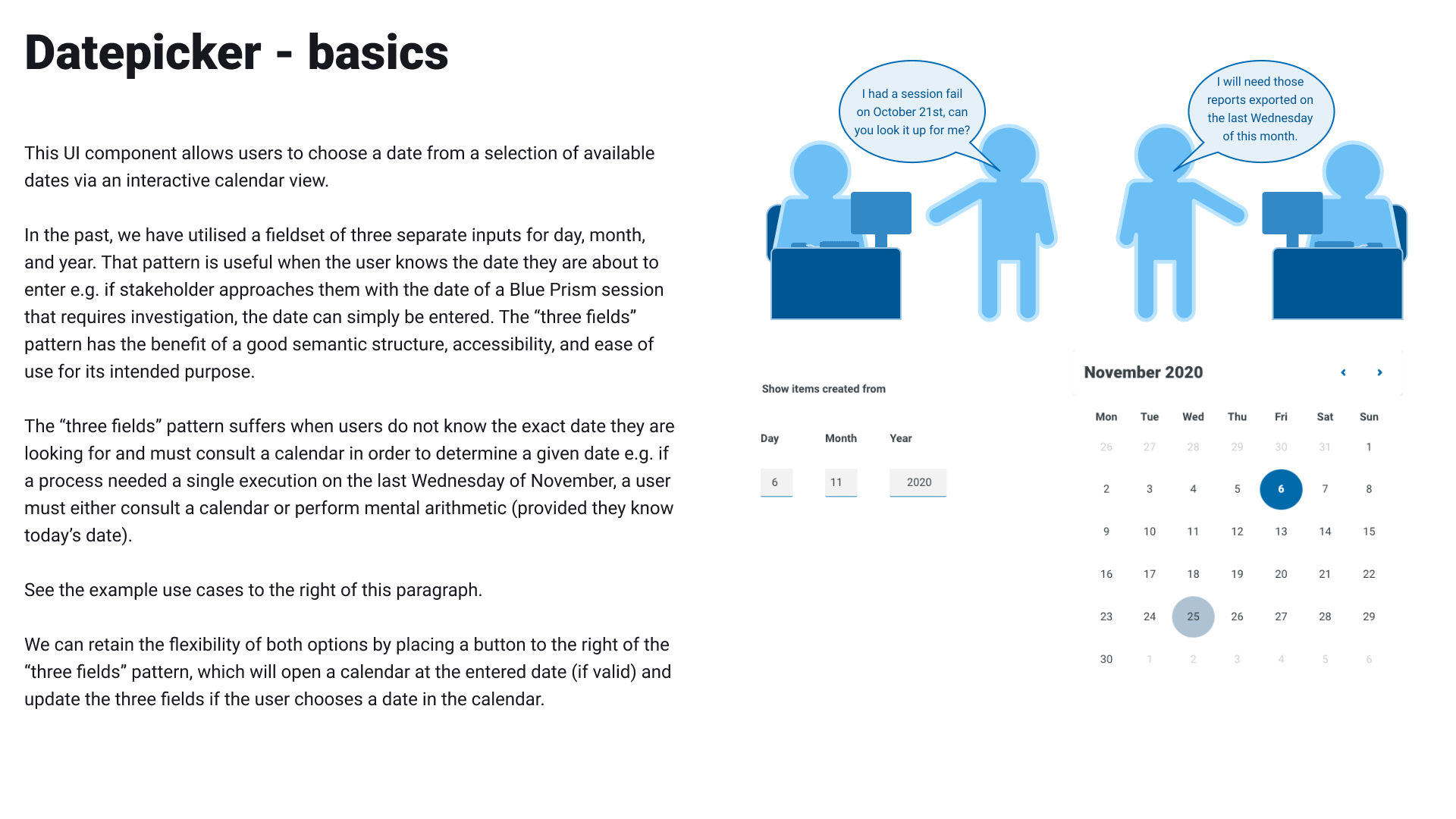 An explainer of datepicker use cases in the context of our software, based on research.