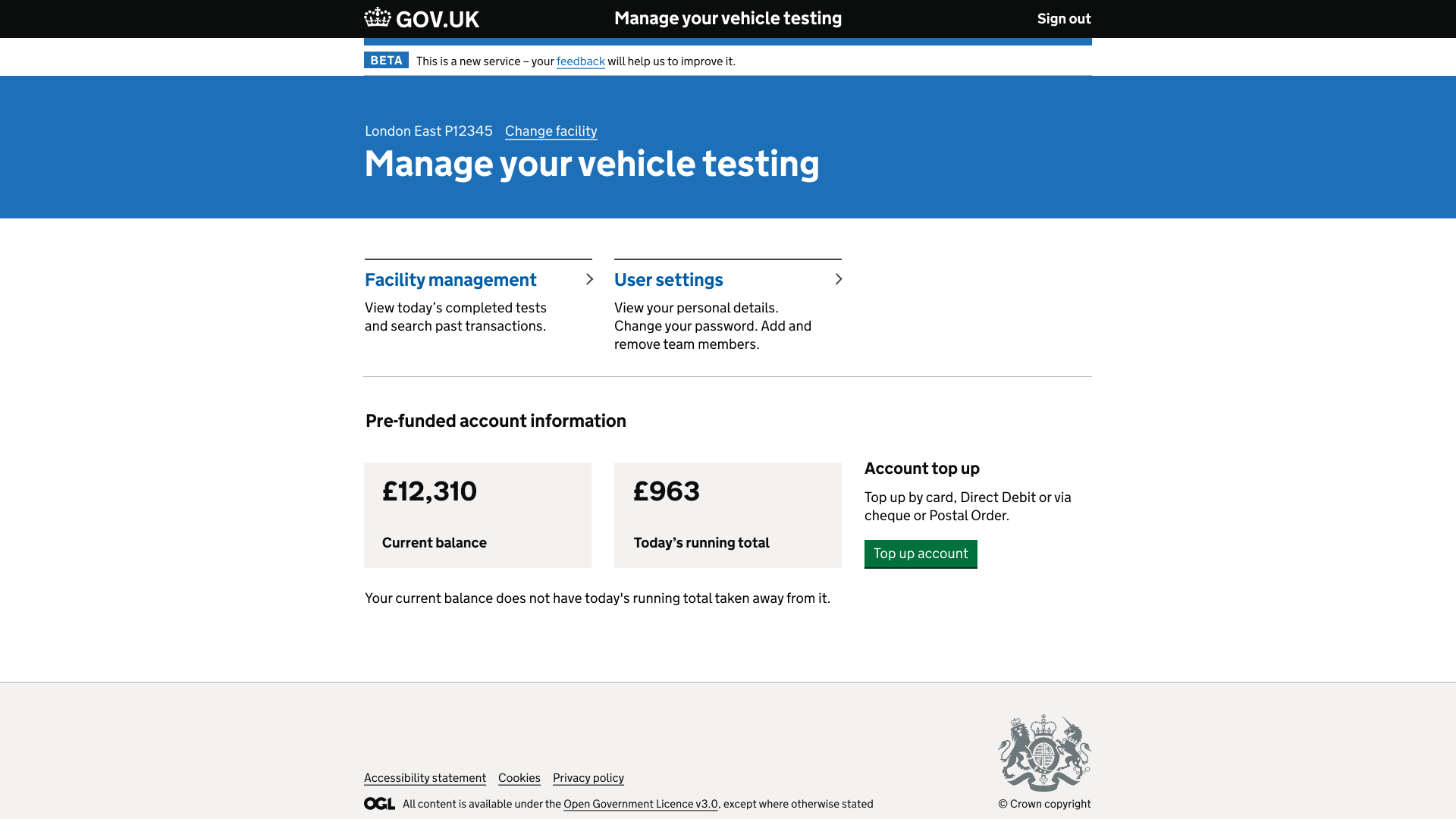 A screenshot of the "Manage your vehicle testing" homepage