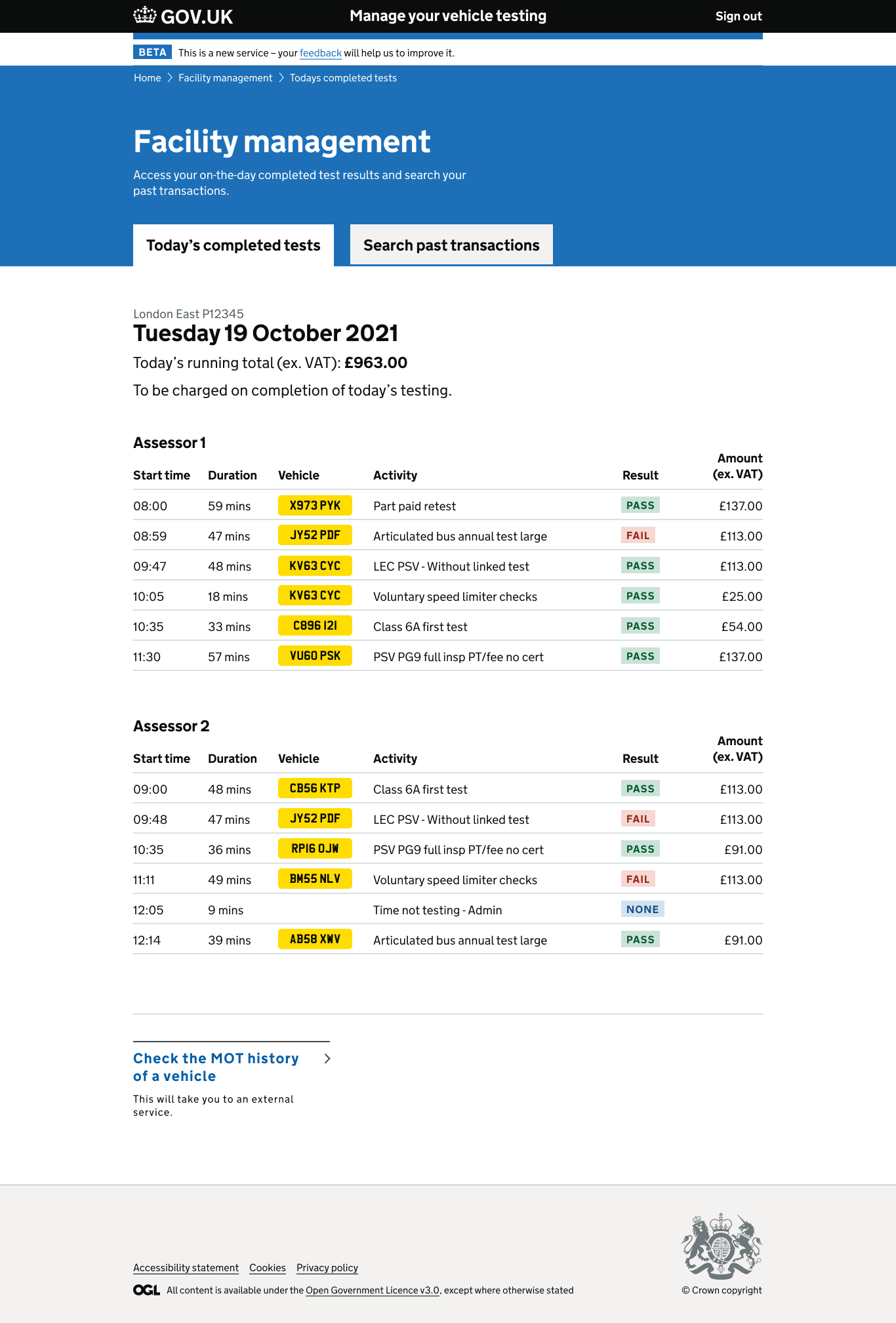 A view of "Today's completed tests" within "Manage your vehicle testing"